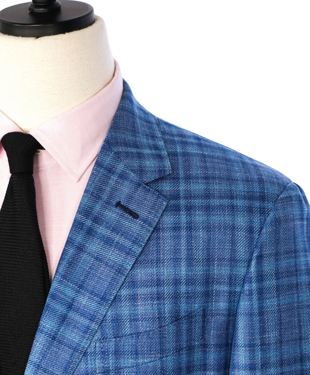 $2,990 ZEGNA - Blue Plaid Wool/Silk/Linen Blazer - 46R